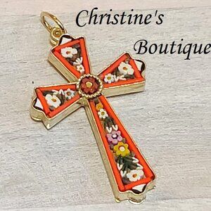 Micro Mosaic cross pendant, vintage cross pendent charm